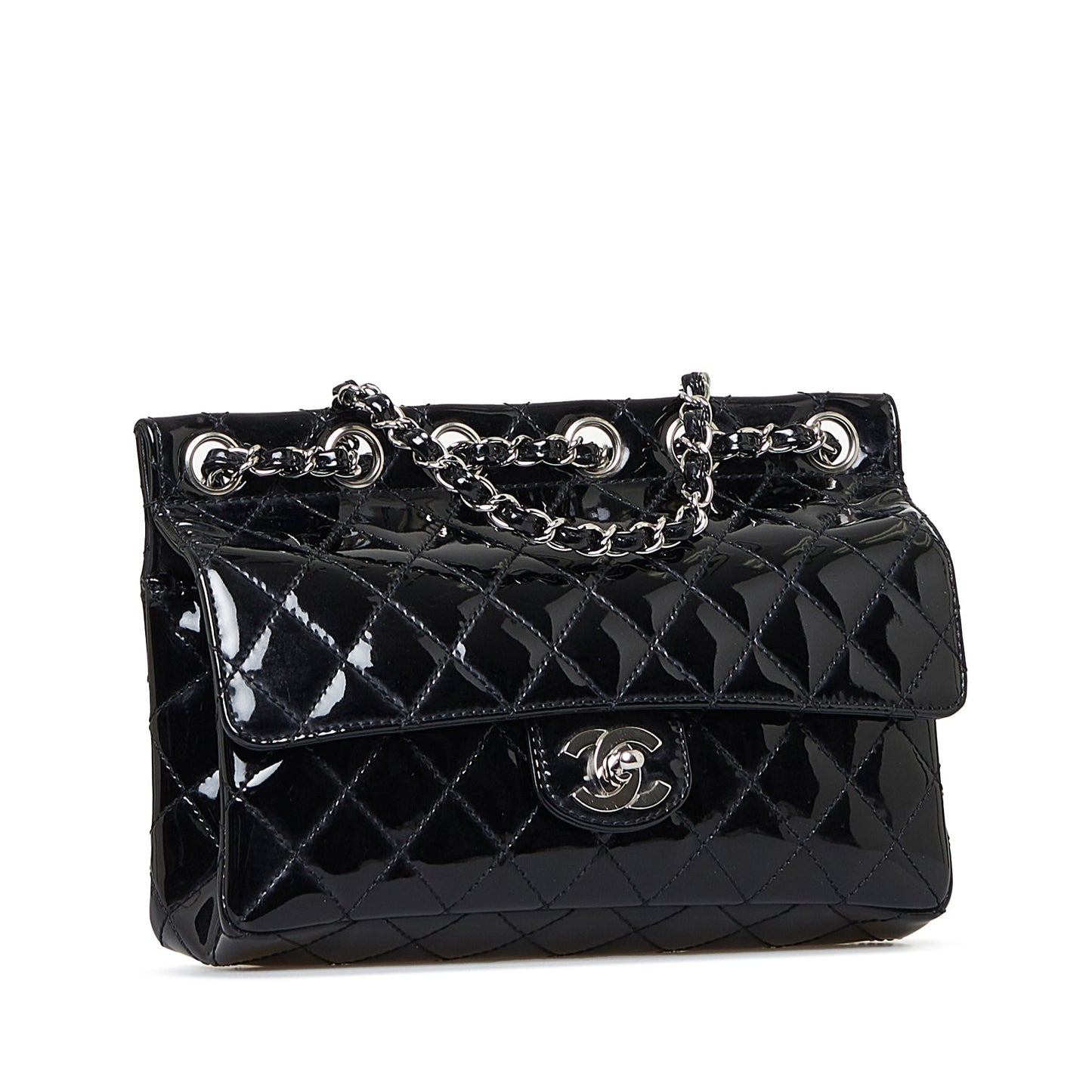 Chanel CC Chain-Through Flap Bag Medium Black Patent Leather Silver