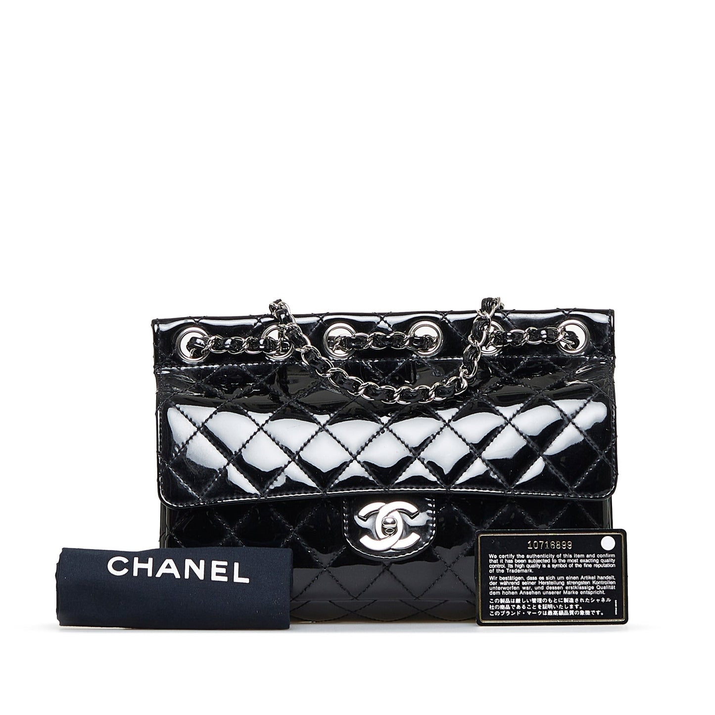 Chanel CC Chain-Through Flap Bag Medium Black Patent Leather Silver