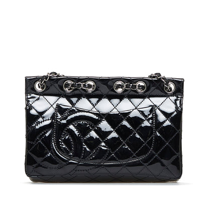 Chanel CC Chain-Through Flap Bag Medium Black Patent Leather Silver