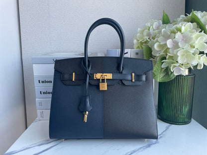 Hermes Birkin Bag 30 in Blue Indigo and Black Epsom Leather with Gold Hardware