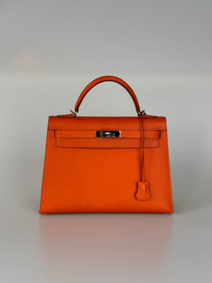 Hermes Kelly Sellier Orange Epsom Leather Bag Silver Hardware