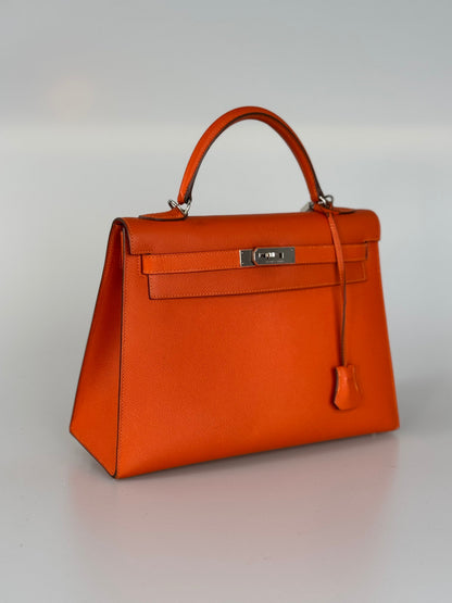 Hermes Kelly Sellier Orange Epsom Leather Bag Silver Hardware