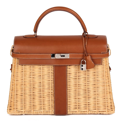 Hermes Barenia Leather & Wicker Kelly 35cm Picnic Top Handle Bag