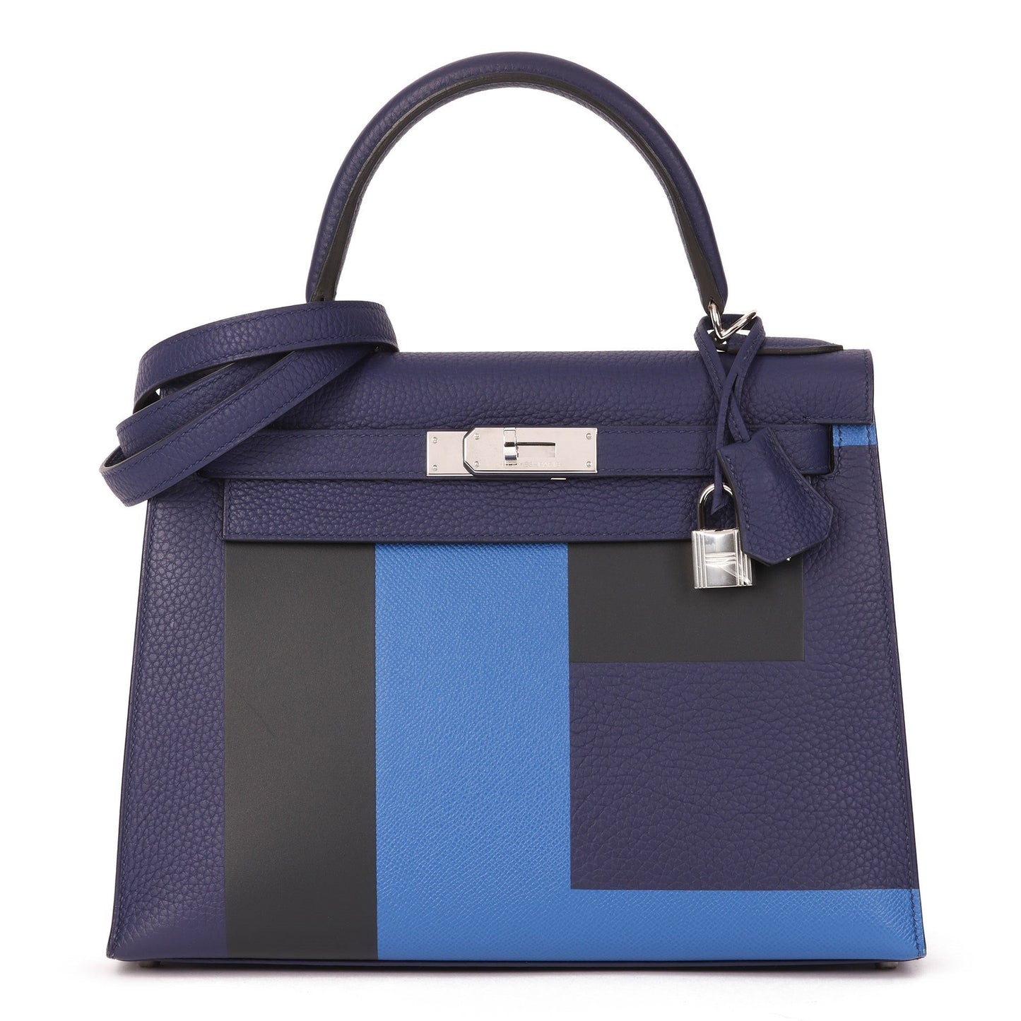 Hermes Blue Encre, Blue Zellige, Black, Vert Cypress, Clemence, Epsom & Sombrero Leather Kellygraphie Lettre E Kelly 28cm Sellier Shoulder Bag