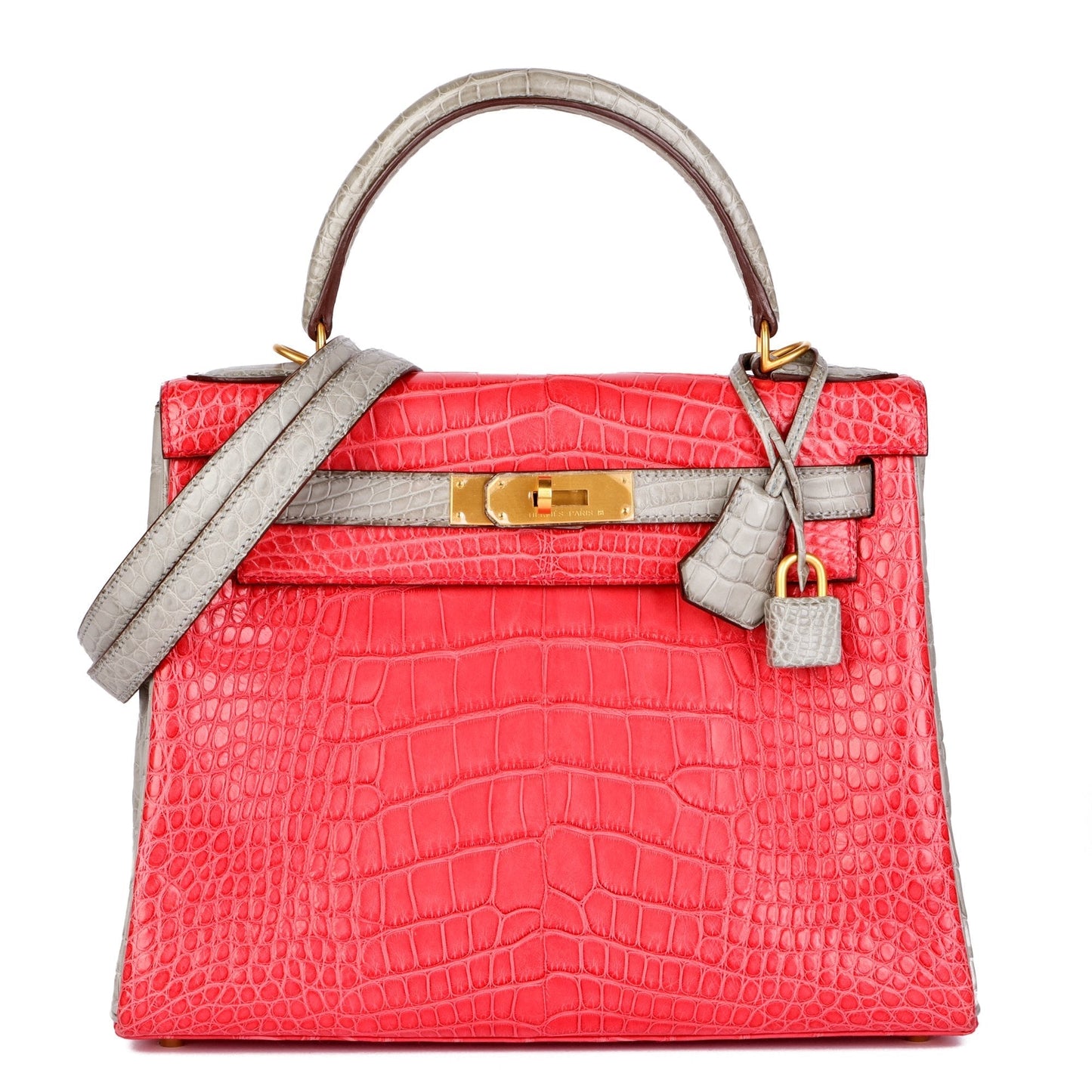 Hermes Bougainvillea & Gris Perle Matte Mississippiensis Alligator Leather HSS Special Order Kelly 28cm Retourne Shoulder Bag