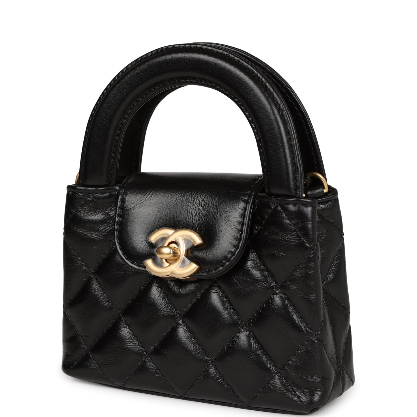 Chanel Nano Kelly Shopper Black Shiny Aged Calfskin Brushed Gold Hardware