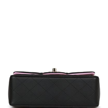 Chanel Mini Rectangular Flap Bag with Top Handle Black and Pink Lambskin Light Gold Hardware