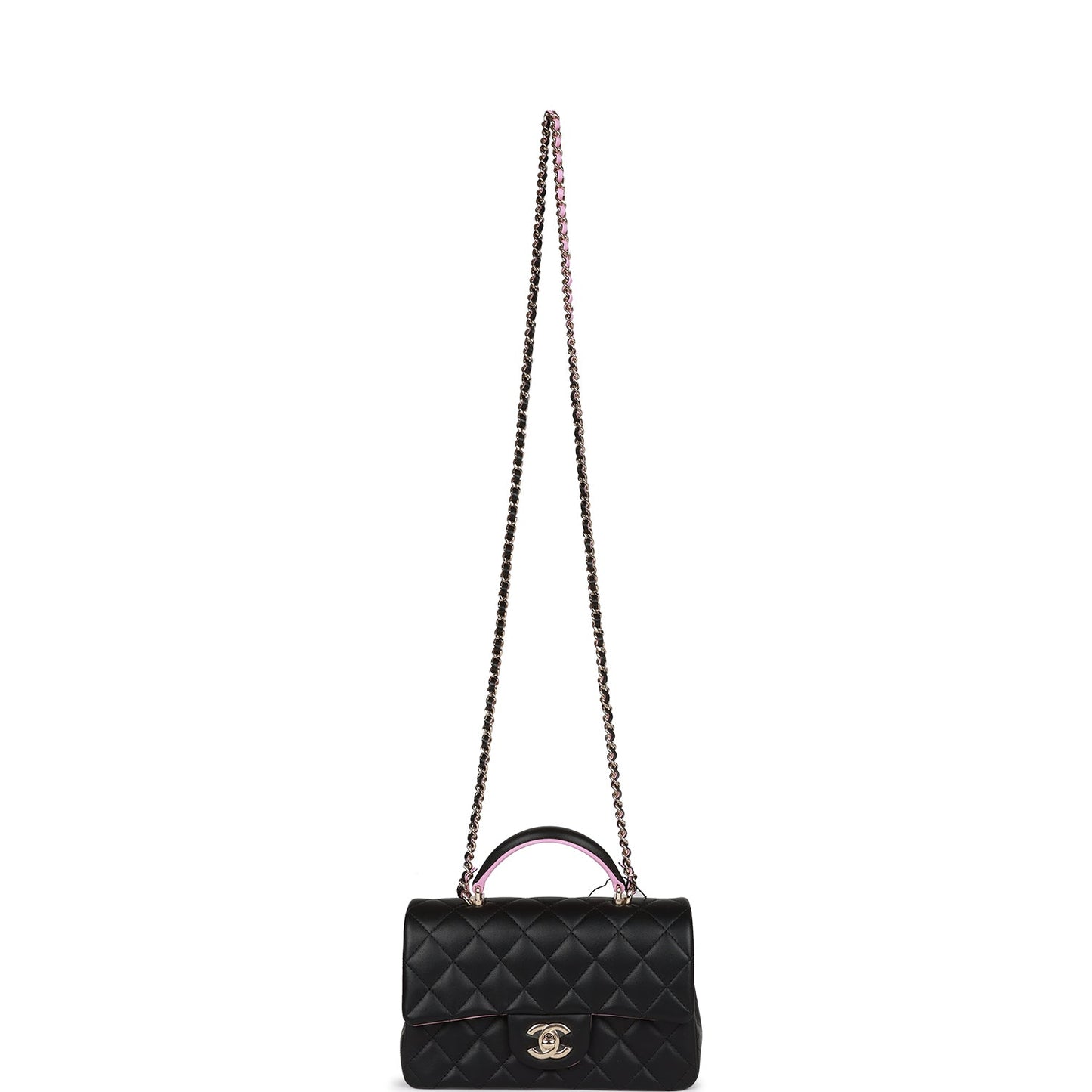 Chanel Mini Rectangular Flap Bag with Top Handle Black and Pink Lambskin Light Gold Hardware