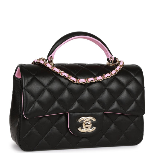 Chanel Mini Rectangular Flap with Top Handle Black and Pink Lambskin Light Gold Hardware