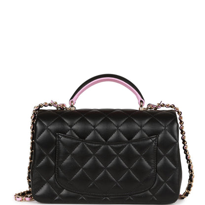 Chanel Mini Rectangular Flap with Top Handle Black and Pink Lambskin Light Gold Hardware