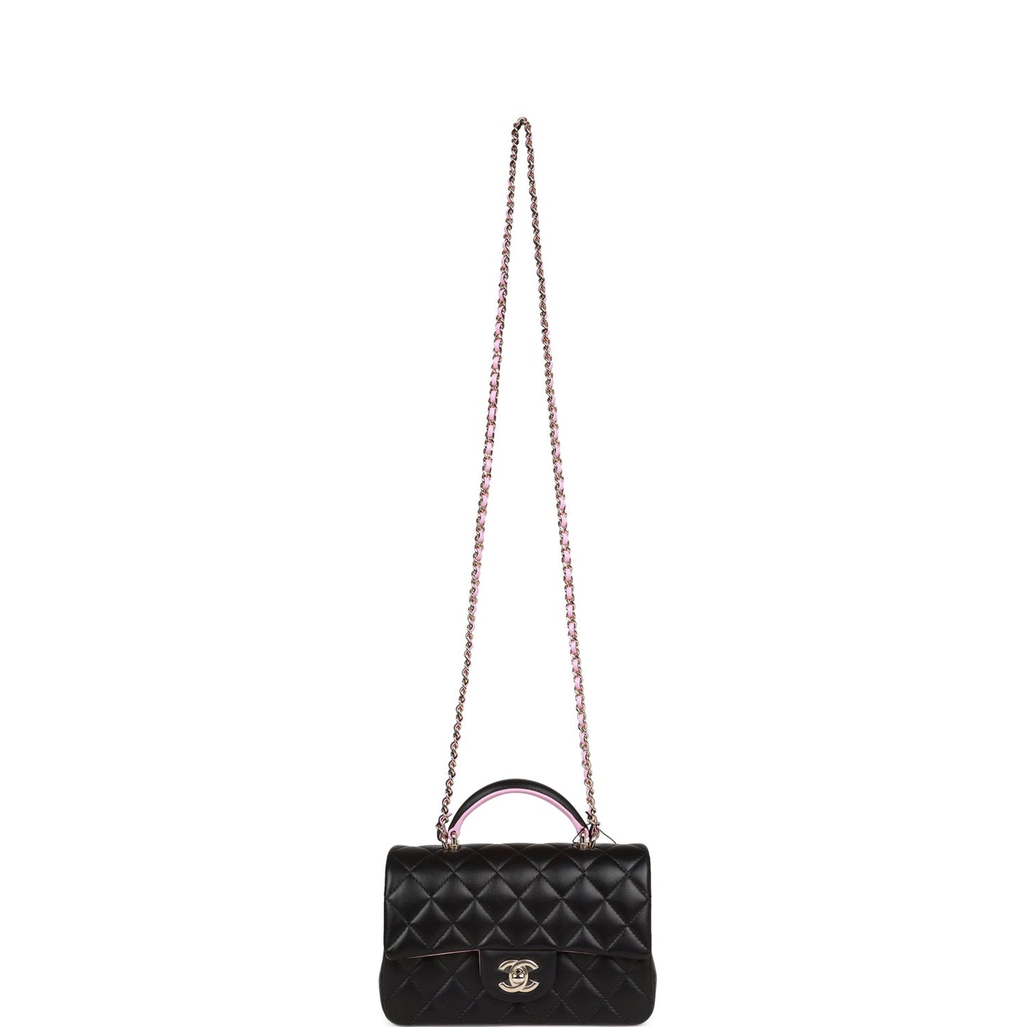 Chanel Mini Rectangular Flap with Top Handle Black and Pink Lambskin Light Gold Hardware