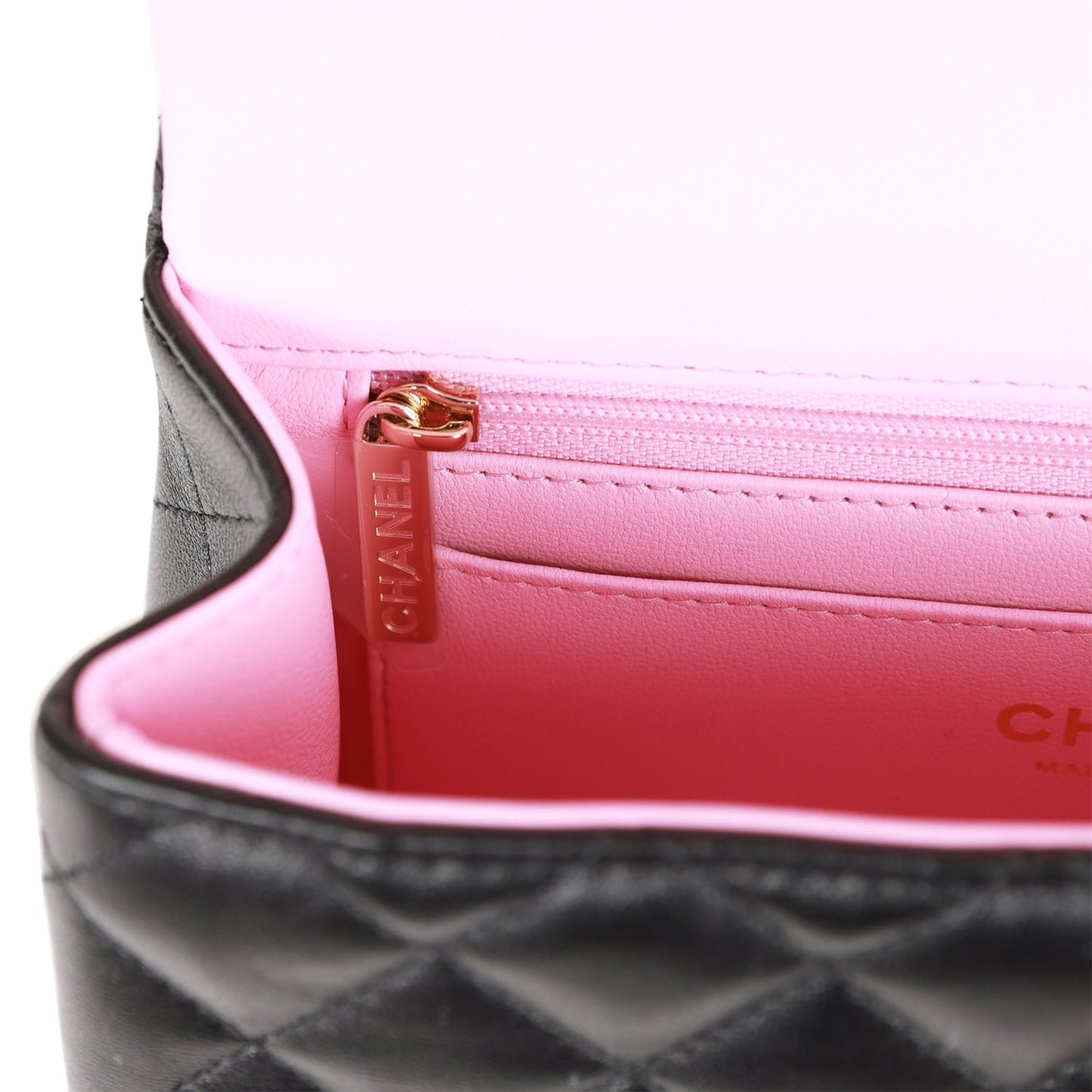 Chanel Mini Rectangular Flap with Top Handle Black and Pink Lambskin Light Gold Hardware