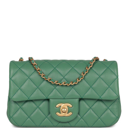 Chanel Pearl Crush Mini Rectangular Flap Bag Dark Green Lambskin Antique Gold Hardware