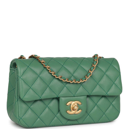 Chanel Pearl Crush Mini Rectangular Flap Bag Dark Green Lambskin Antique Gold Hardware