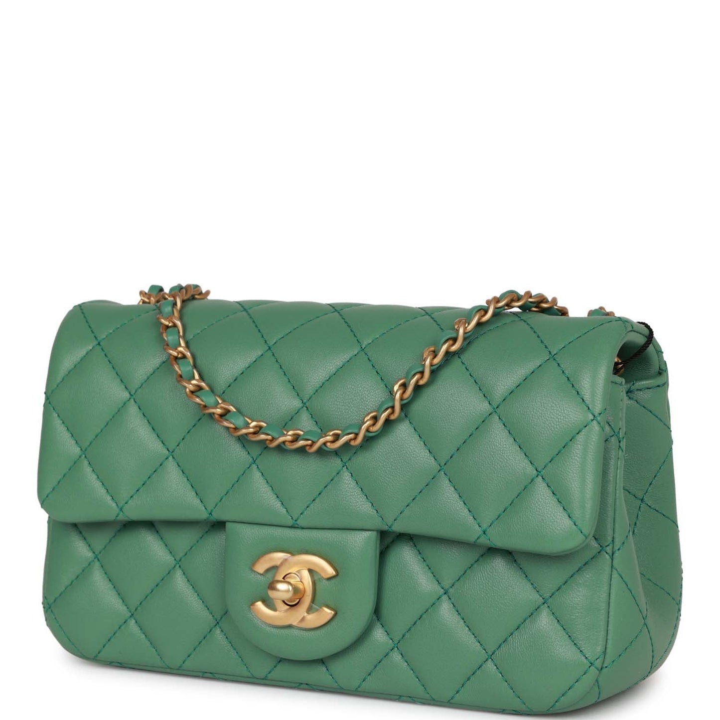 Chanel Pearl Crush Mini Rectangular Flap Bag Dark Green Lambskin Antique Gold Hardware