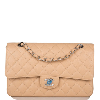 Chanel Medium Classic Double Flap Bag Beige Quilted Caviar Silver Hardware