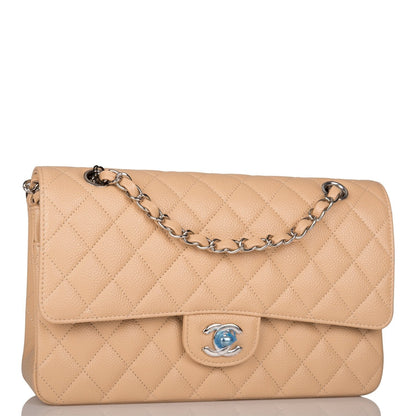 Chanel Medium Classic Double Flap Bag Beige Quilted Caviar Silver Hardware