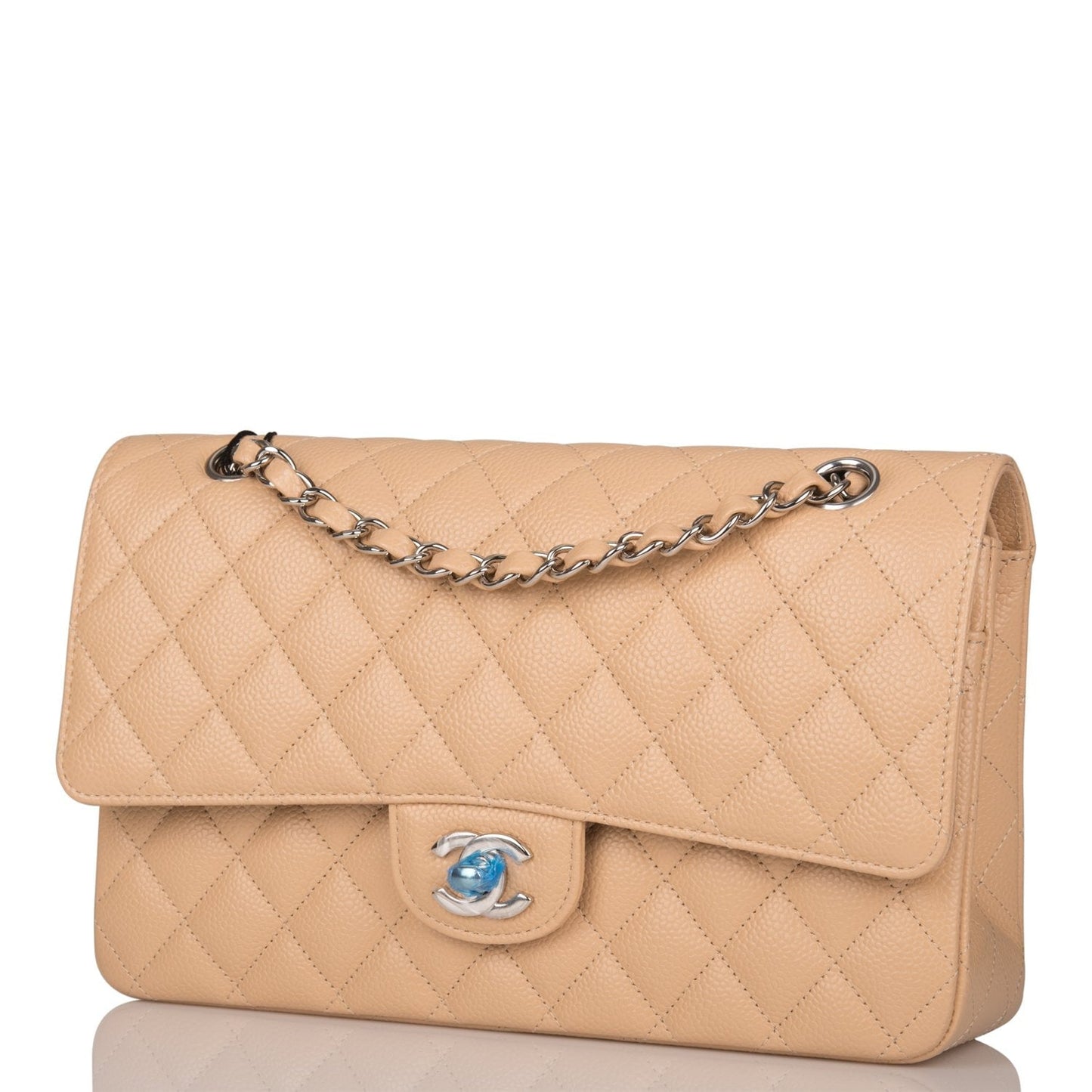 Chanel Medium Classic Double Flap Bag Beige Quilted Caviar Silver Hardware