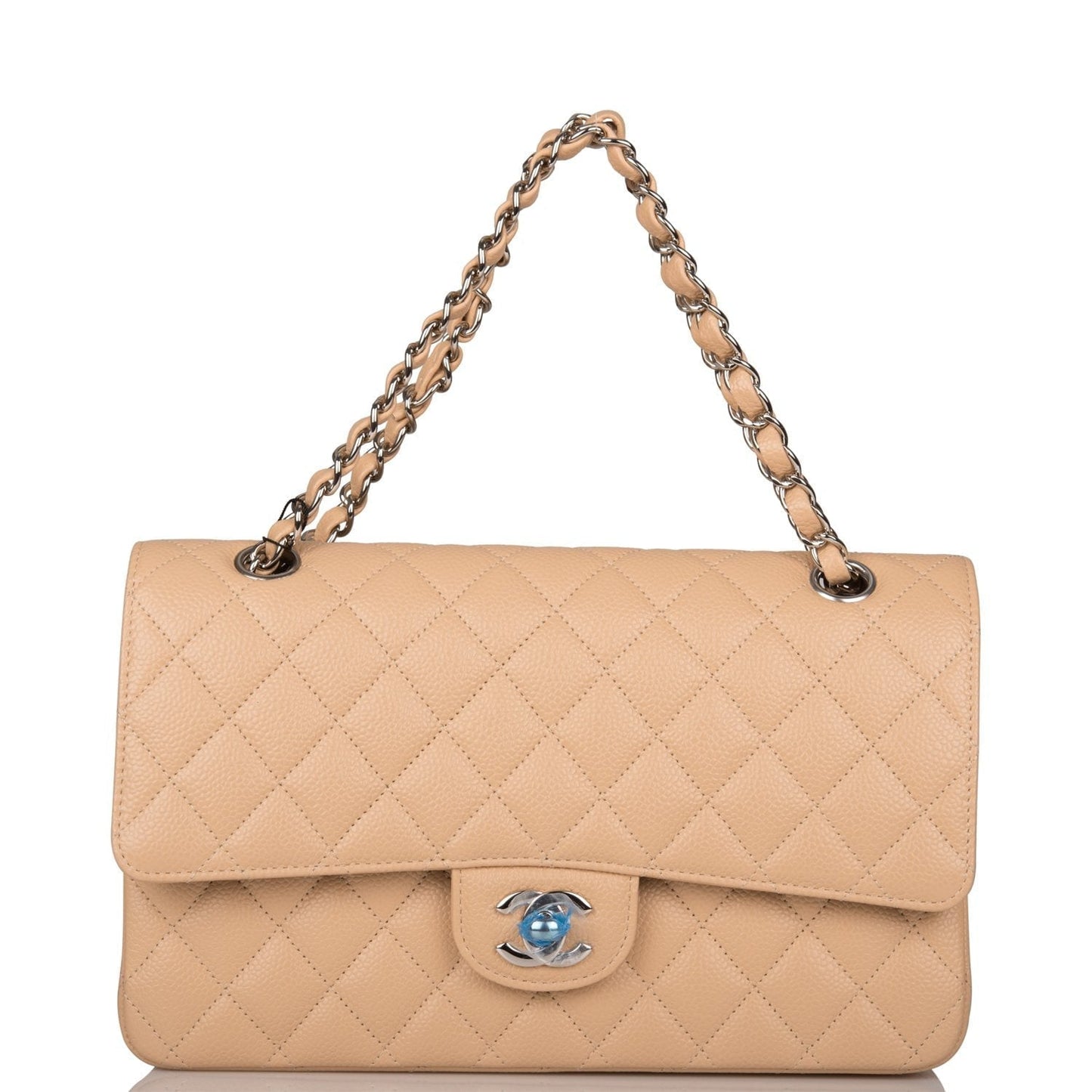 Chanel Medium Classic Double Flap Bag Beige Quilted Caviar Silver Hardware