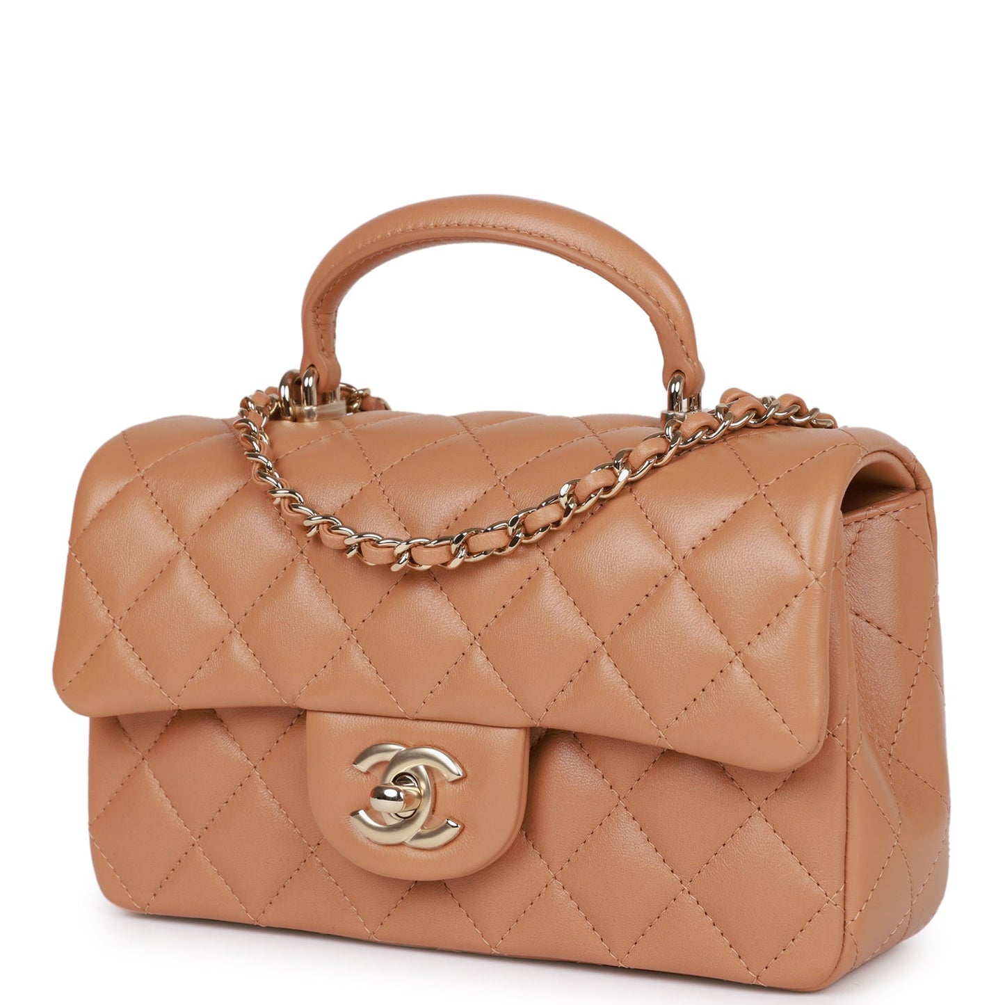 Chanel Mini Rectangular Flap with Top Handle Caramel Lambskin Light Gold Hardware