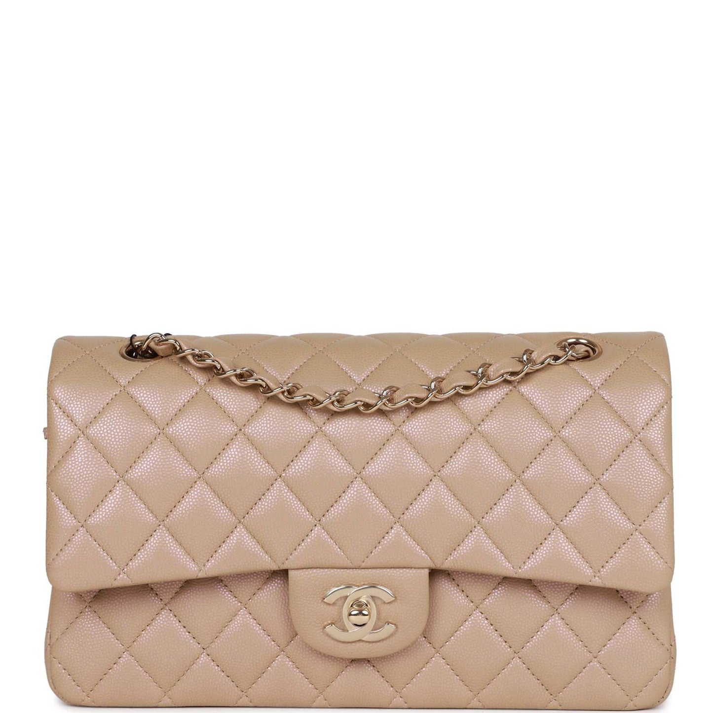 Chanel Medium Classic Double Flap Bag Beige Iridescent Caviar Light Gold Hardware