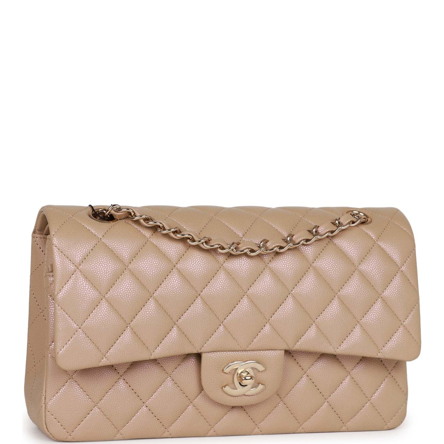 Chanel Medium Classic Double Flap Bag Beige Iridescent Caviar Light Gold Hardware