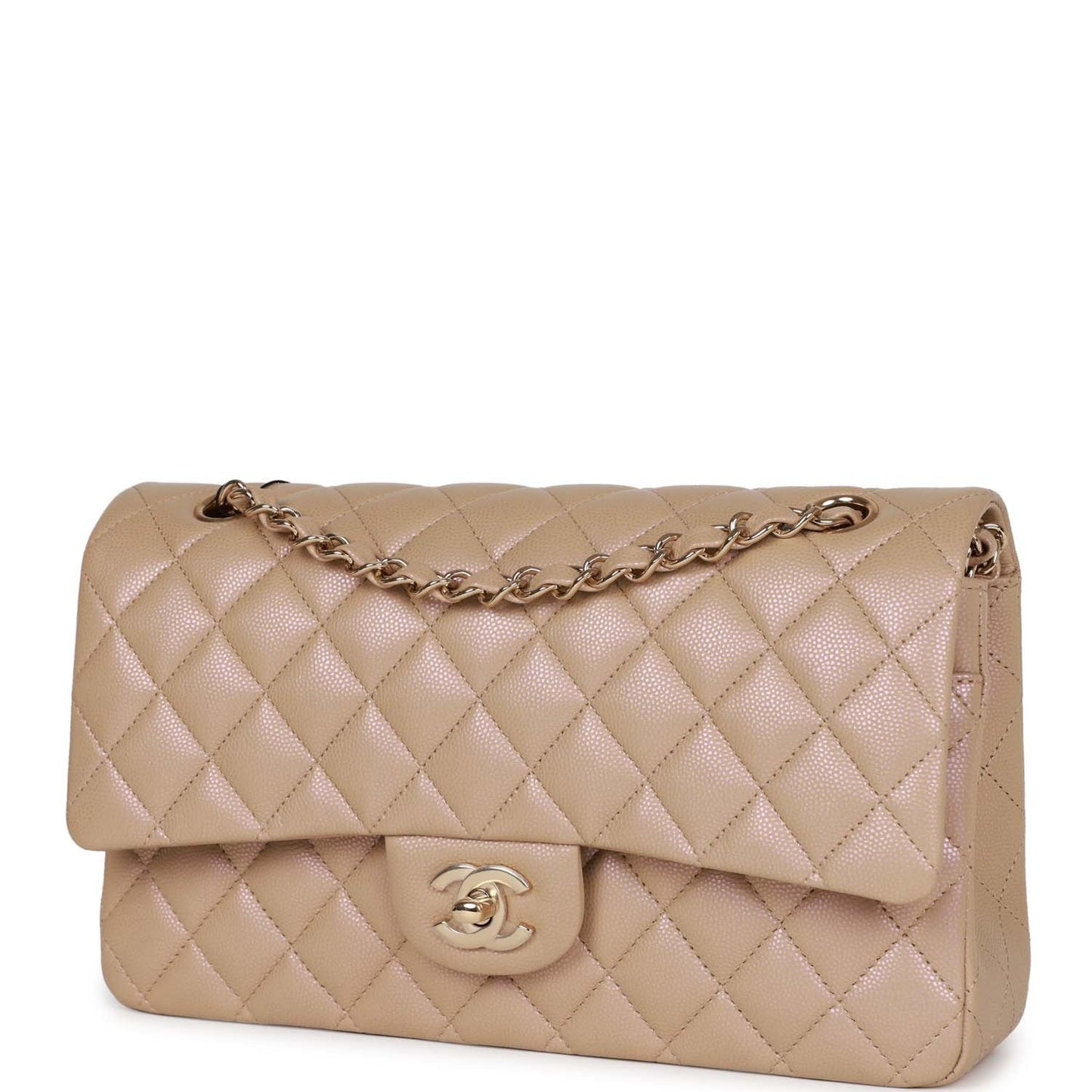 Chanel Medium Classic Double Flap Bag Beige Iridescent Caviar Light Gold Hardware