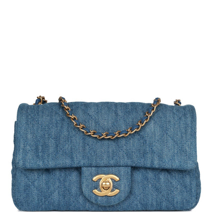 Chanel Pearl Crush Mini Rectangular Flap Bag Blue Denim Lambskin Antique Gold Hardware