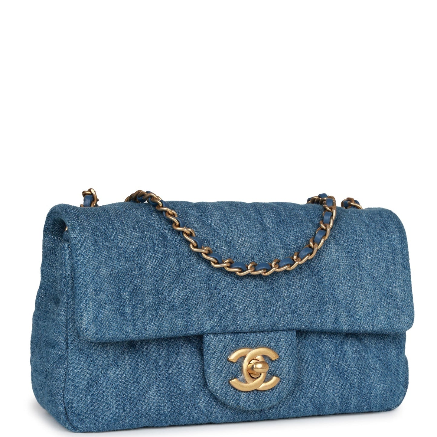 Chanel Pearl Crush Mini Rectangular Flap Bag Blue Denim Lambskin Antique Gold Hardware