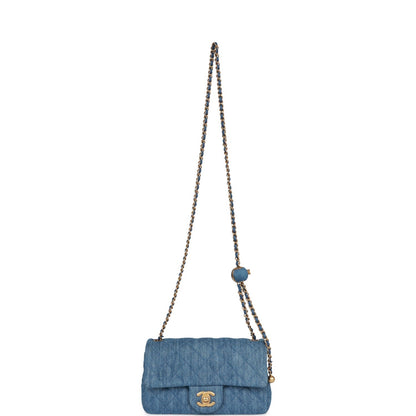 Chanel Pearl Crush Mini Rectangular Flap Bag Blue Denim Lambskin Antique Gold Hardware