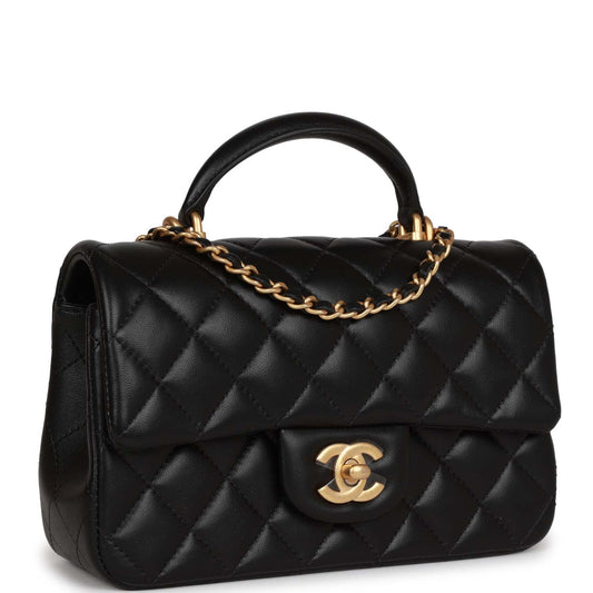 Chanel Mini Rectangular Flap with Top Handle Black Lambskin Antique Gold Hardware