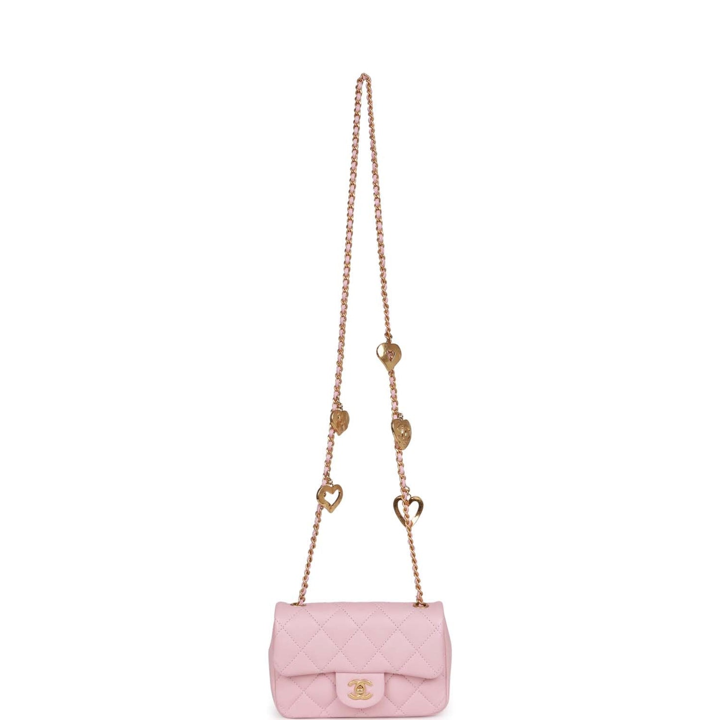 Chanel Mini Rectangular Flap Bag with Heart Chain Pink Lambskin Antique Gold Hardware