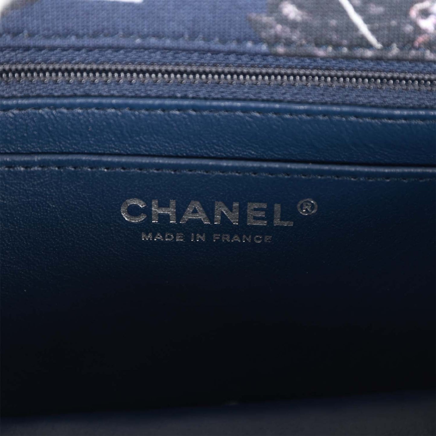 Chanel Mini Reissue 2.55 Flap Bag Navy Graffiti Jersey Ruthenium Hardware