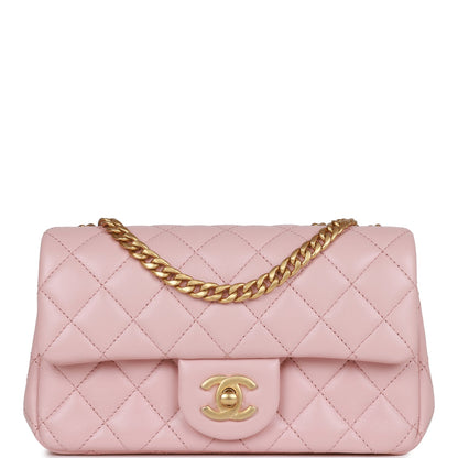 Chanel Camellia Crush Mini Rectangular Flap Rose Clair Lambskin Antique Gold Hardware