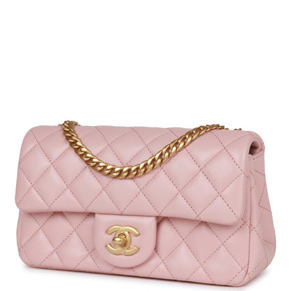 Chanel Camellia Crush Mini Rectangular Flap Rose Clair Lambskin Antique Gold Hardware