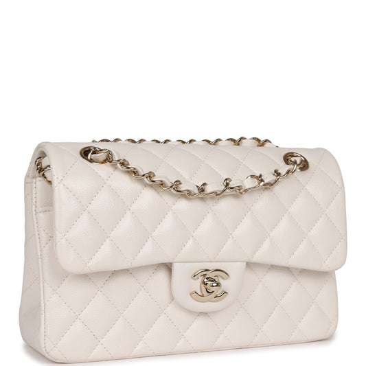 Chanel Small Classic Double Flap White Caviar  Light Gold Hardware