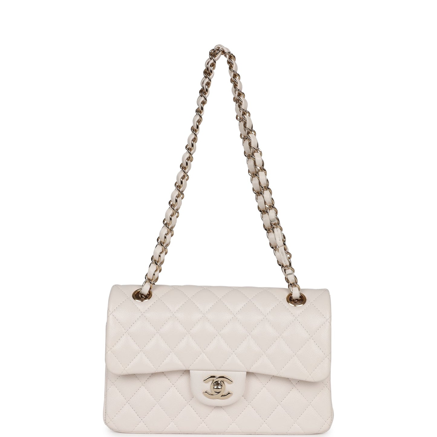 Chanel Small Classic Double Flap White Caviar  Light Gold Hardware