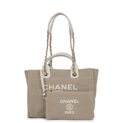 Chanel Small Deauville Shopping Bag White and Beige Boucle Light Gold Hardware