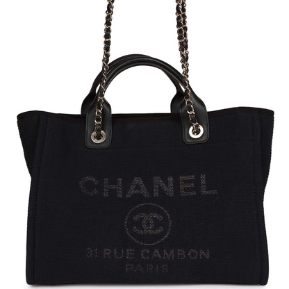 Chanel Small Deauville Shopping Bag Black Canvas and Calfskin Light Gold Hardware