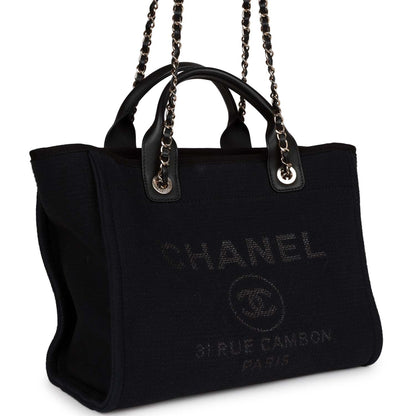 Chanel Small Deauville Shopping Bag Black Canvas and Calfskin Light Gold Hardware