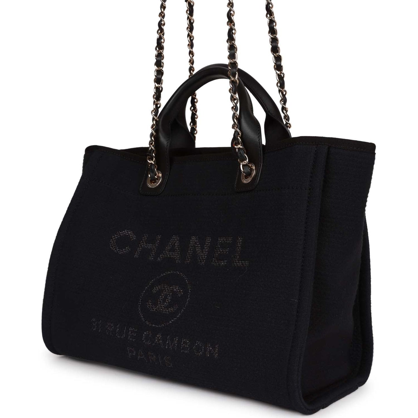 Chanel Small Deauville Shopping Bag Black Canvas and Calfskin Light Gold Hardware