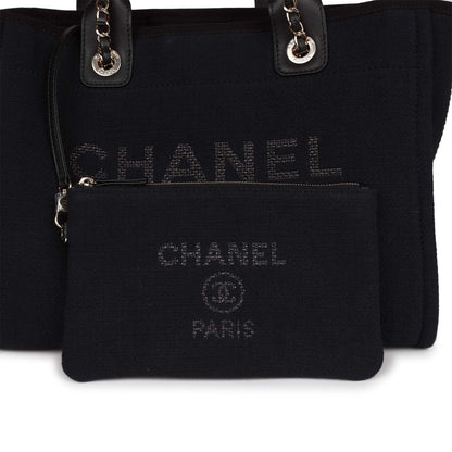 Chanel Small Deauville Shopping Bag Black Canvas and Calfskin Light Gold Hardware