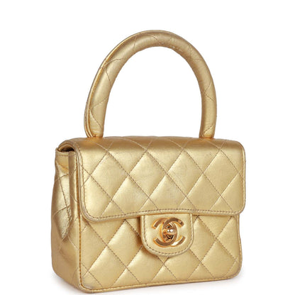 Vintage Chanel Micro Kelly Child Flap Bag Gold Metallic Lambskin Gold Hardware