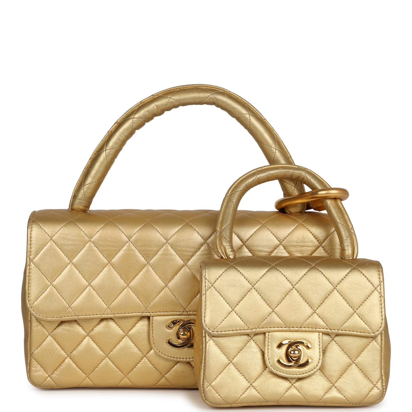 Vintage Chanel Kelly Parent and Child Flap Bag Set Gold Metallic Lambskin Gold Hardware