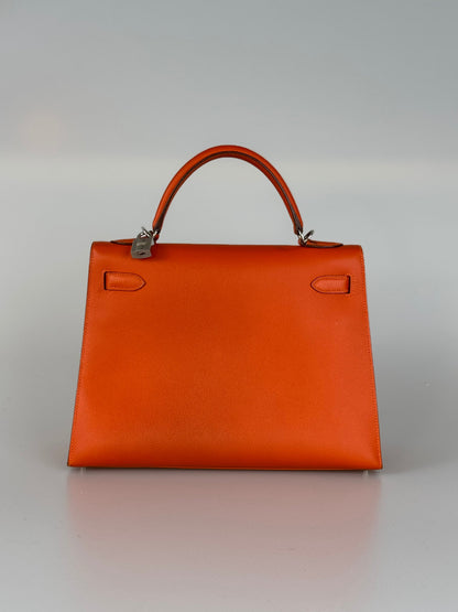 Hermes Kelly Sellier Orange Epsom Leather Bag Silver Hardware