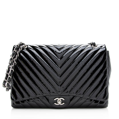 Chanel Chevron Patent Leather Classic Maxi Single Flap Bag - FINAL SALE (SHF-19684)