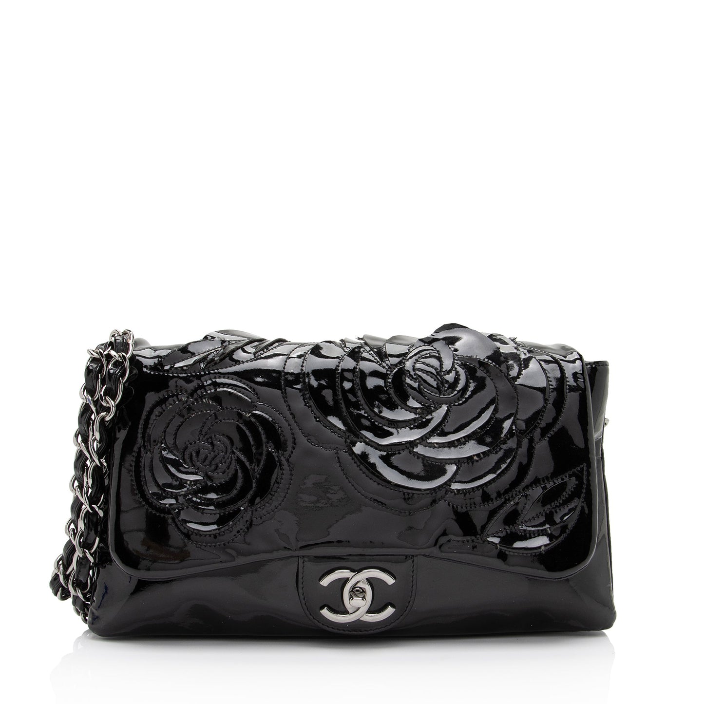 Chanel Patent Leather Tweed Petals Camellia Jumbo Single Flap Bag (SHF-ogJ8Wu)