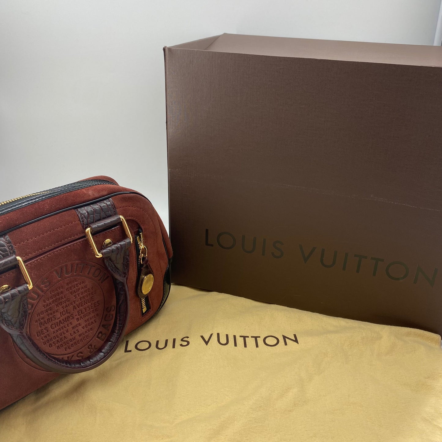 Louis Vuitton  Havane brown suede stamped trunk PM Boston speedy