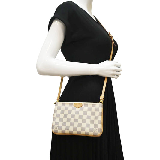 LOUIS VUITTON Double Zip Pochette Damier Azur Crossbody Bag Rose Ballerine