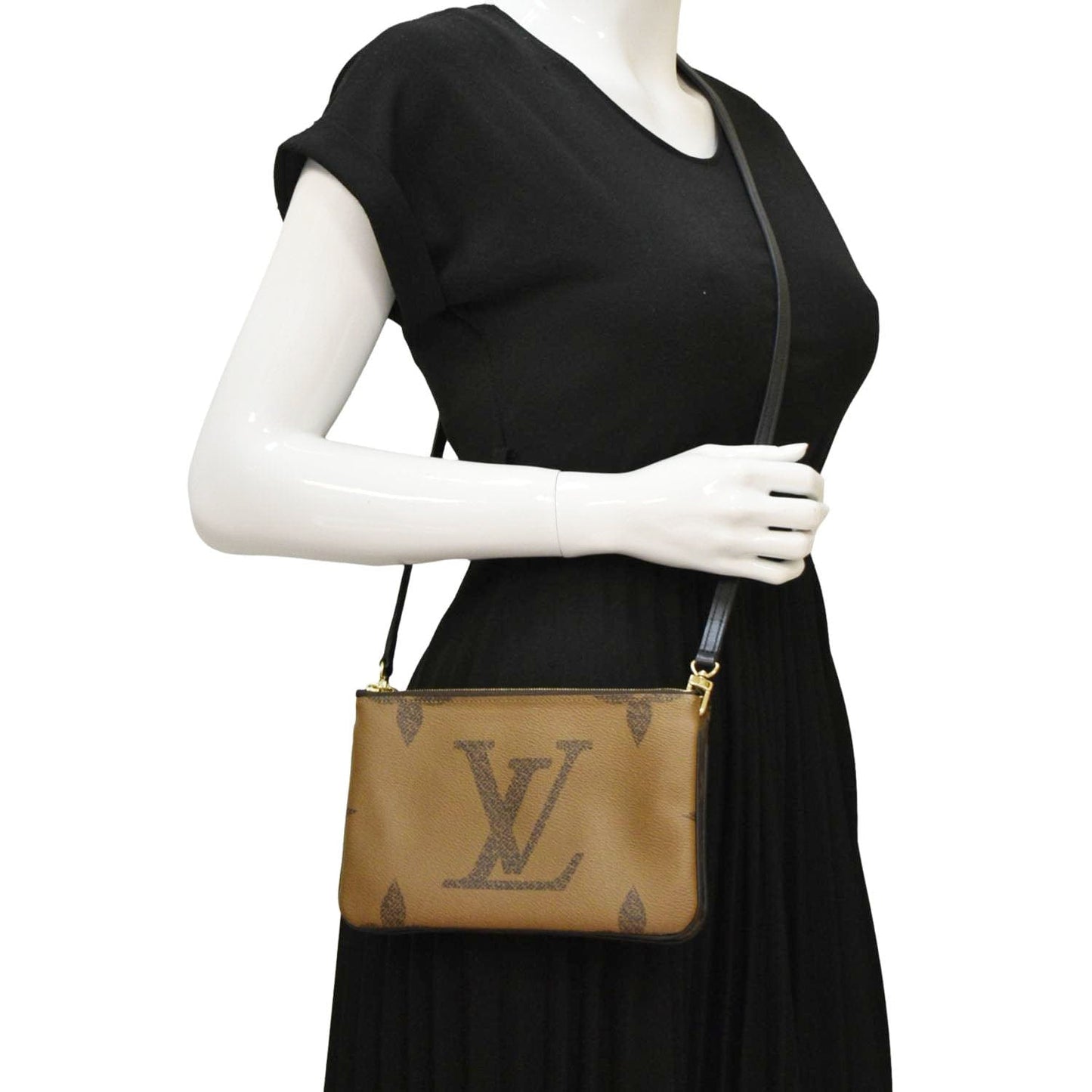 LOUIS VUITTON Double Zip Pochette Giant Monogram Reverse Canvas Crossbody Bag Brown